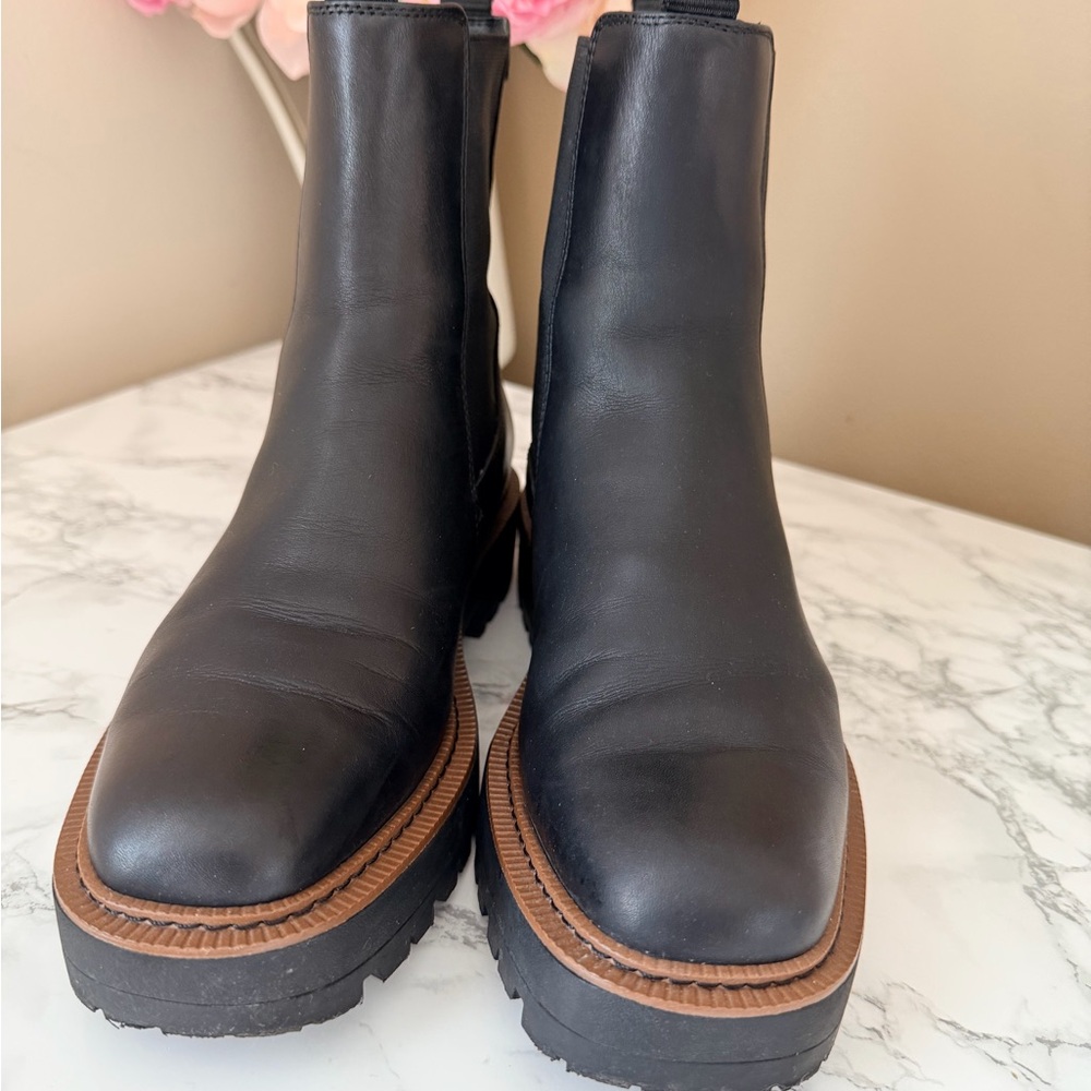 Sam Edelman Black Leather Platform Chelsea Booties with Brown Welt